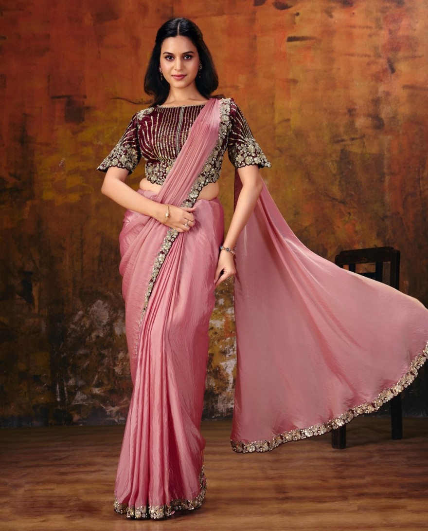 27111 - Peachy Pink Embroidered Wedding Party Designer Saree
